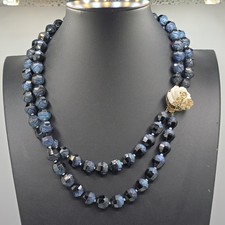 VTG Glass Bead Double Strand Necklace Blue Iridescent Molded 19" Floral Clasp