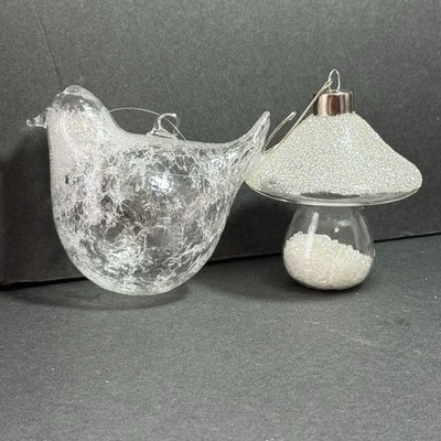 Vtg Spun Art Glass Bird Xmas Woodland Silver Glitter Toadstool Glass Xmas Deco