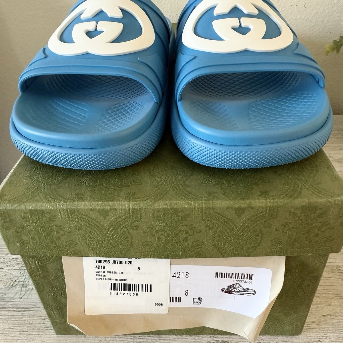 New Gucci Interlocking G Super Blue Rubber Pool Slides men size 8