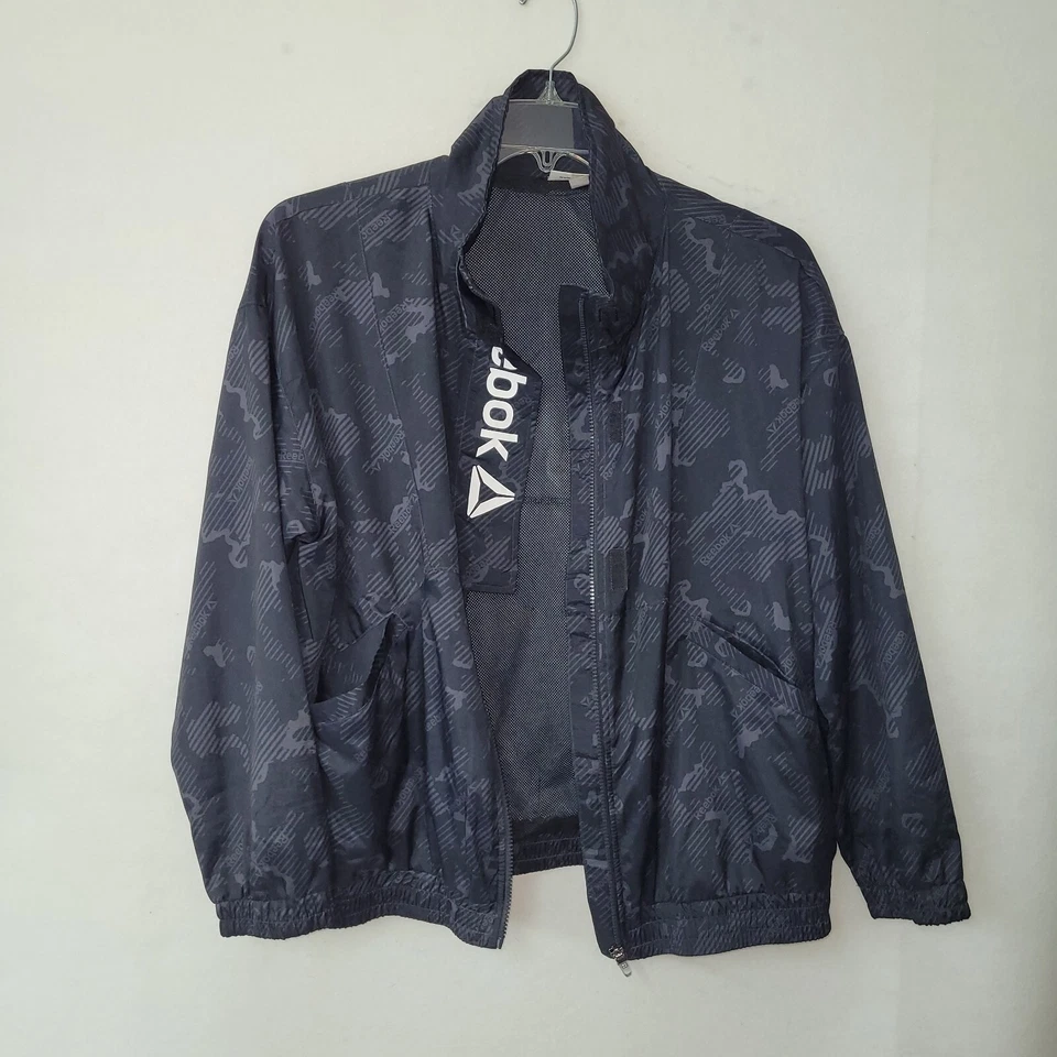 Reebok Black Windbreaker Jacket Full Zip Outerwear Geometric Camo Print Womens L - image 4 of 4