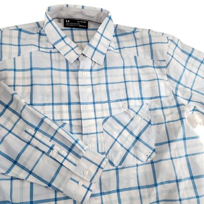 Under Armour Shirt Mens XL Blue White Plaid HeatGear Long Sleeve Button Up