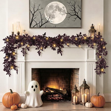 6Ft Plum Fall Garland for Mantle with Lights, Fall Decorations for Home