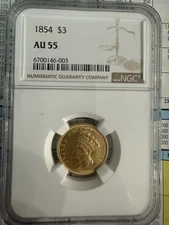 1854 $3 Indian Princess Head GOLD Piece CERTIFIED NGC AU 55