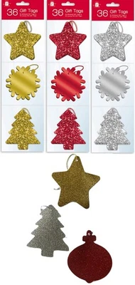 GIFTMAKER 36 Glitter and Luxury Foil Xmas Gift Tags With Matching Thread Red Gold Silver