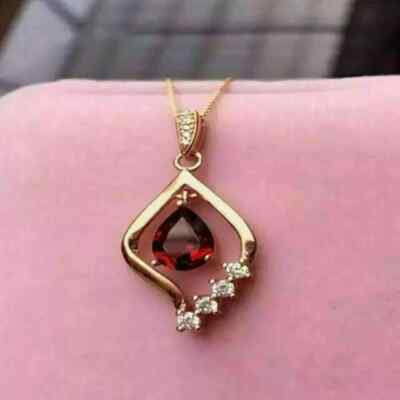 2Ct Pear Cut Red Garnet & Diamond Pendant 14k Yellow Gold Finish 18'' Free Chain