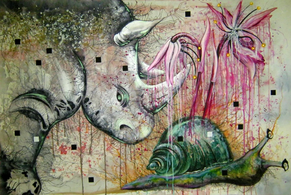 arte moderno pintura contemporánea animales cabeza rinoceronte caracol orquídea flor arte Foto 2 de 4