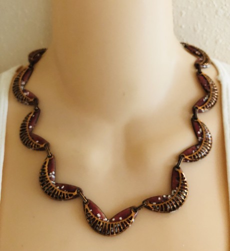 Vintage MATISSE RENOIR Enamel Cinnamon White Specks Modernist Copper Necklace