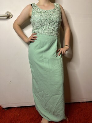 Vintage UK 1960s Frenchie Mint Green Empire Waist Maci Dress Beaded Lace AU  12 | eBay