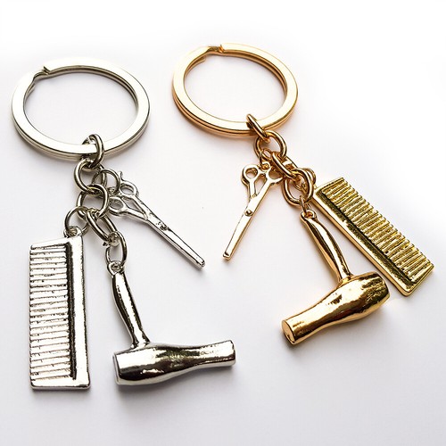 Föhn-Kamm-Schere Schlüsselanhänger Aus Metall – Friseur-Geschenk Für Barber & Stylist – Silberfarben