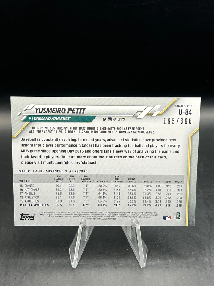 2020 Topps Update Series Yusmeiro Petit /300 #U-84 Oakland Athletics - Image 2 of 2