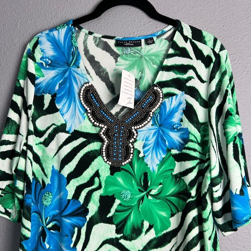 NWT Susan Graver Artisan Floral Zebra Print Artsy Beaded Neck Tunic Top Size L - Picture 2 of 9