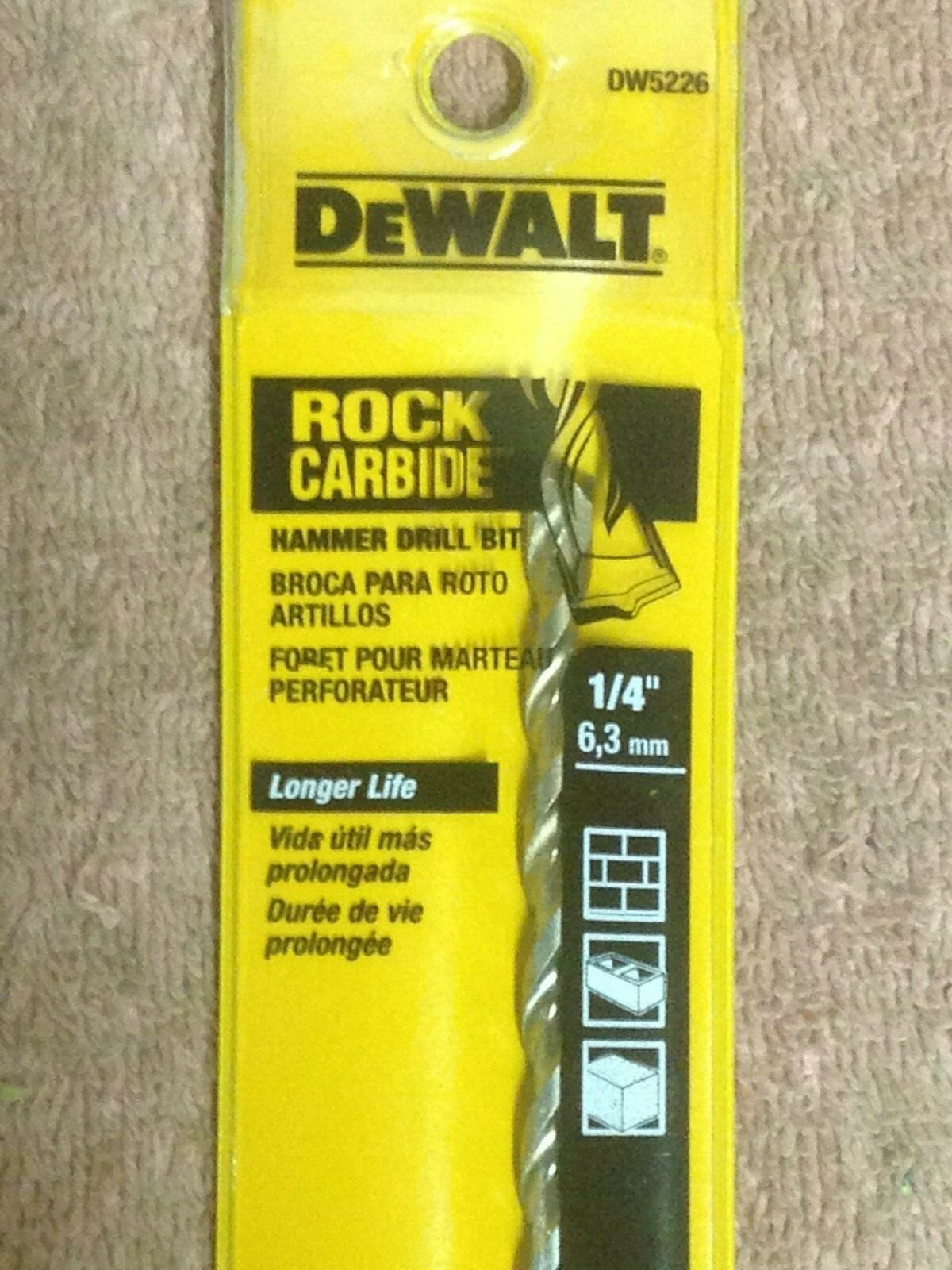 One DeWalt 1/4" x 12" DW5226 Rock Carbide Hammer Bit No Spin 1/