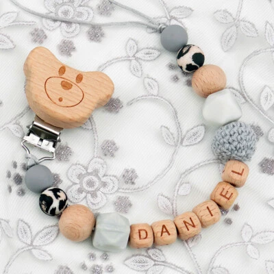 Personalised Name Dummy Clip Soother Wooden Pacifier Holder Strap Shower Gifts
