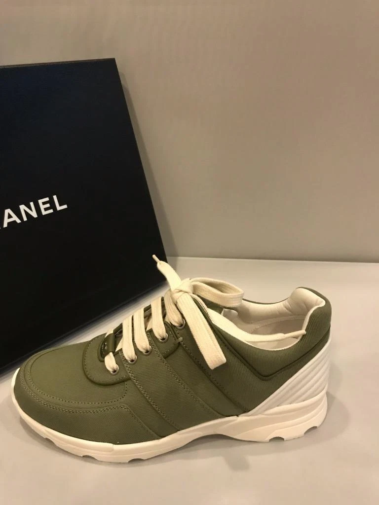 CHANEL 17C Khaki Olive Green Canvas Leather Tennis Sneakers Kicks