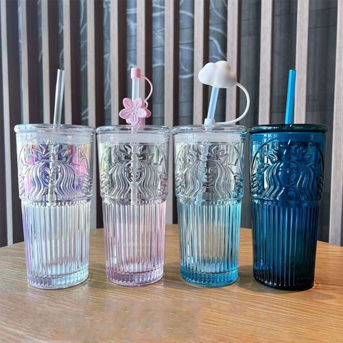 2023 Starbucks Glass Cup Gradient Blue / Pink Sakura 550ml Tumbler With Topper!