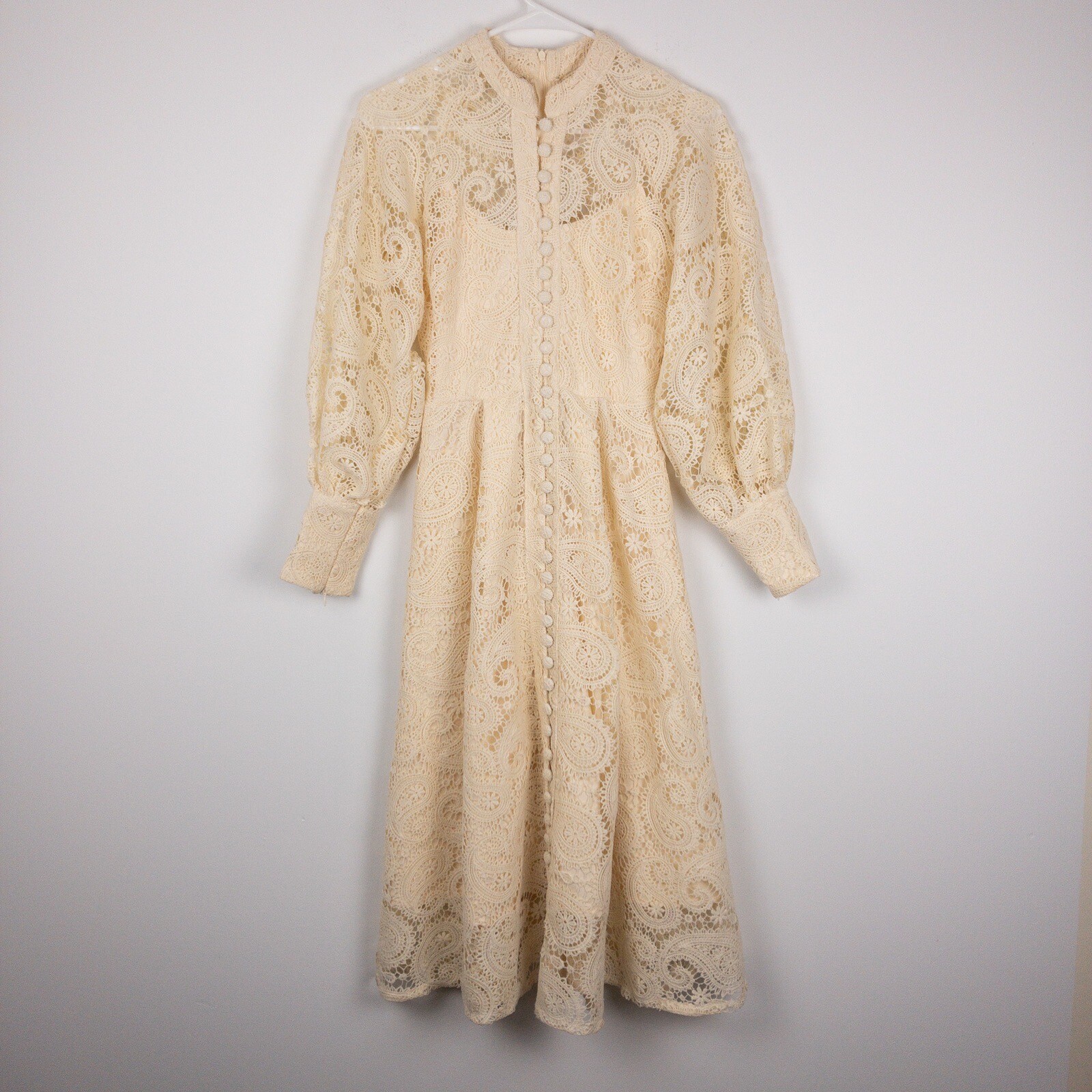 Lea Collection Dress Women's Small Paisley Lace Puff Sleeve Button Front Cream