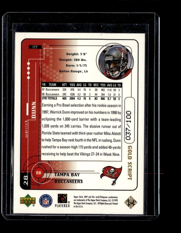 1999 Upper Deck MVP Gold Script #177 Warrick Dunn #/100 - Image 2 of 2