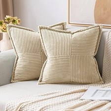 Corduroy Pillow Covers with Splicing Set of 2 18x18 Inch Pack of 2 Cream