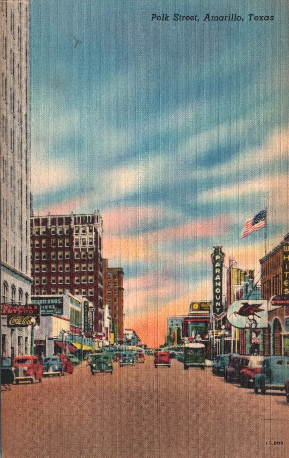 Polk Street Amarillo Texas Postcard Advertising Old Cars Coca Cola Paramount '49