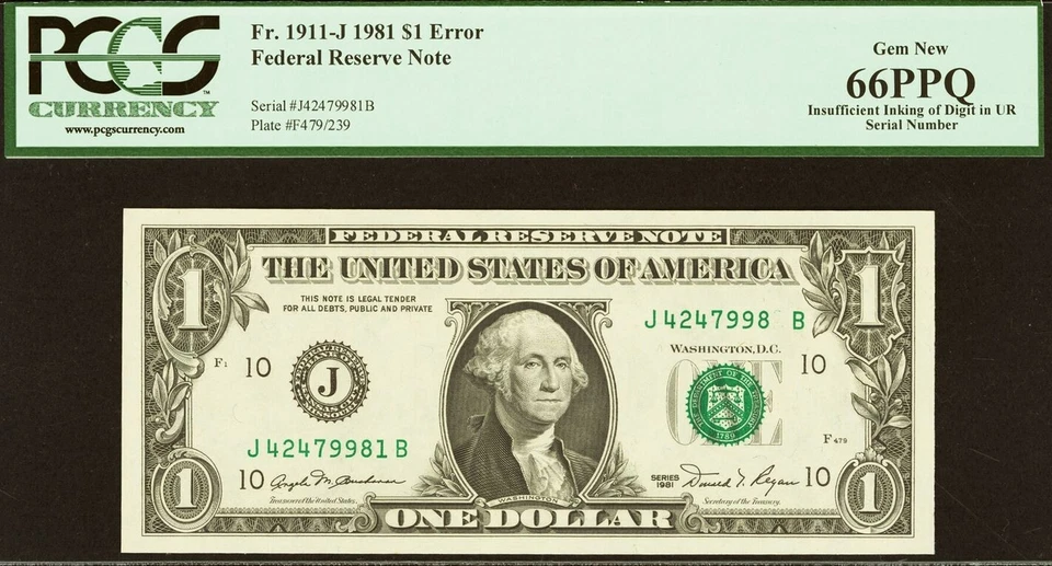 1981 $1 FRN PCGS 66PPQ Gem New Insufficient Inking of Digit in UR Serial Number - Image 2 of 3