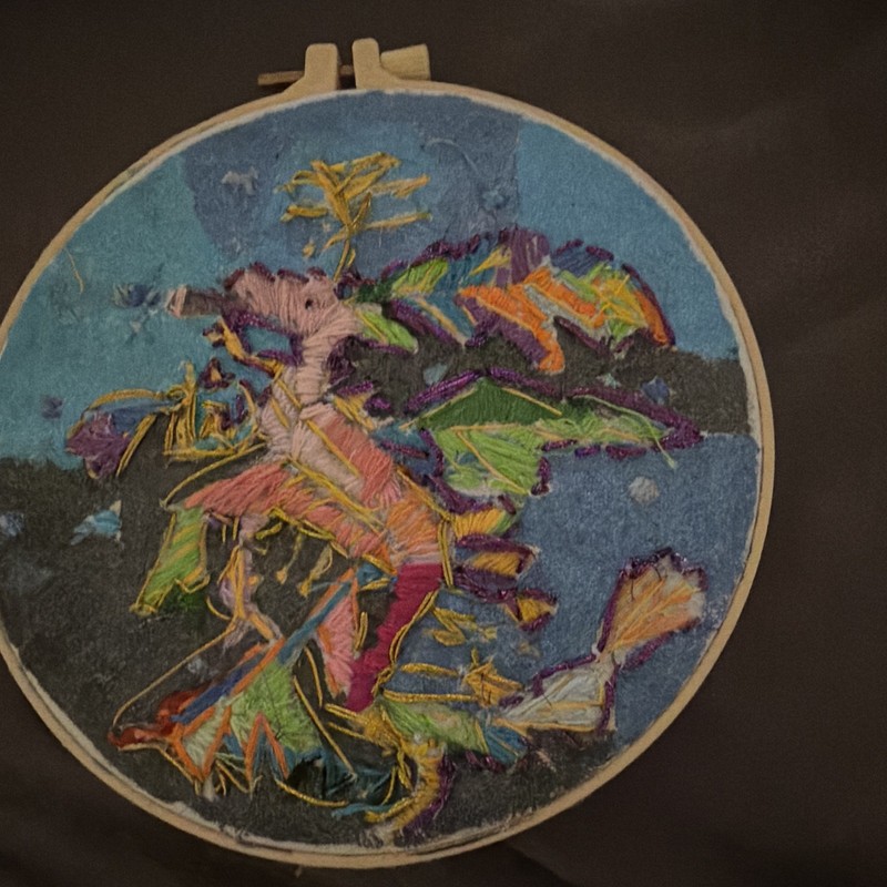 Handmade Abstract Embroidered Round Hoop Wall Hanging Needlework Art