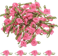 50Pcs Dark Pink Ribbon Roses 5/8"X1-3/16" Mini Roses for Crafts Little Satin Bow