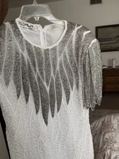 Vintage 80s White Silver Beaded Midi Dress Scala XL Cocktail Party Wedding NYE