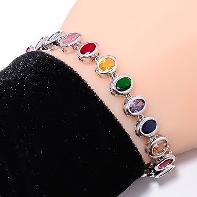 Multi Sapphire - Simulated 925 Sterling Silver Adjustable Bracelet 7-8'' B133327