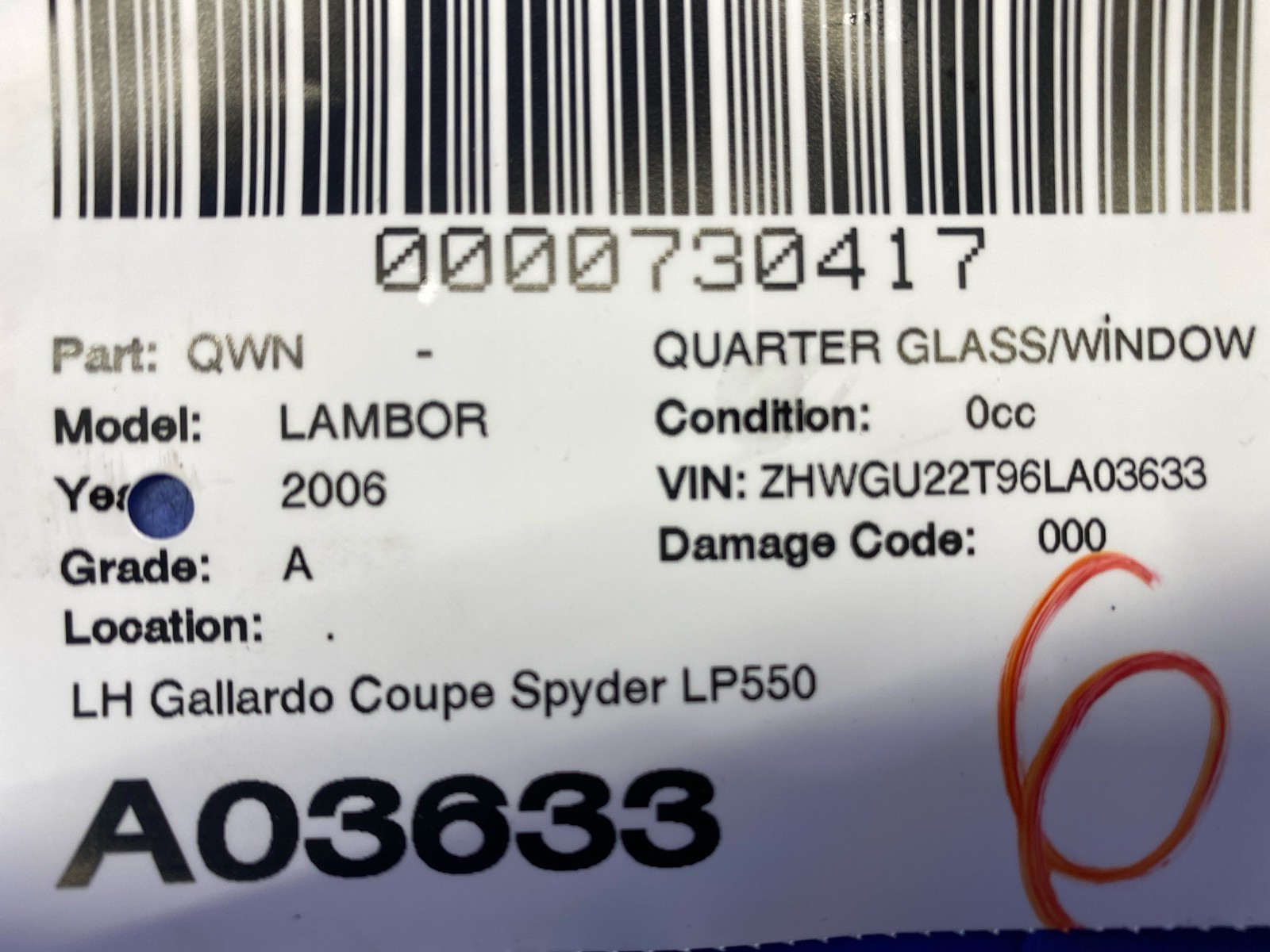 2004 - 2014 Lamborghini Gallardo LP520-4 Oem Rear Left Quarter Window Glass