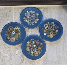 Handmade Resin Metal Steam Punk Cogs  Round Blue Coasters Set