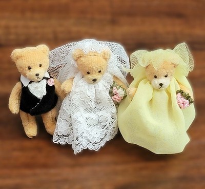 Set of 3 Vintage 1980's Artisan Made Mini Teddy Bears Bride, Groom & Flower Girl
