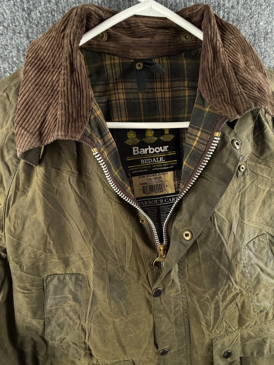 Barbour A100 Bedale Waxed Jacket Coat 40 Green Zip Up Classic