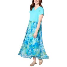 LOGO by Lori Goldstein Turquoise Watercolor Mixed Media Maxi Dress Sz M