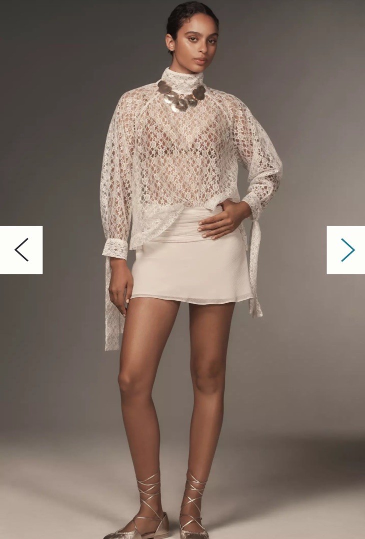 $138 Forever That Girl Turtleneck Billowy Lace Blouse Top White Sheer Sz XS