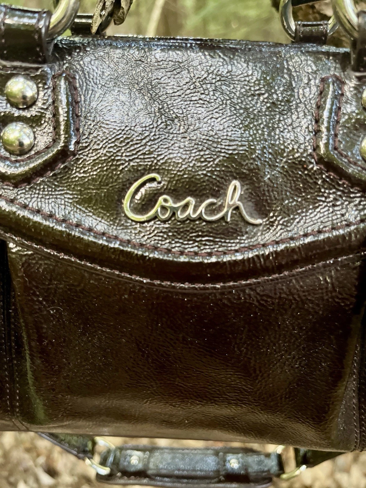 Borsa Coach Ashley in pelle verniciata tracolla mogano marrone cioccolato borsetta