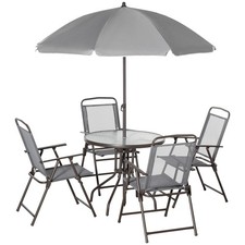 6 Piece Patio Dining Set with Umbrella, 4 Folding Chairs Glass Table, Gray