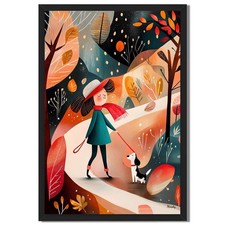 Autumn Girl Walking Dog Wall Art Canvas Oil Paintings Reproduction