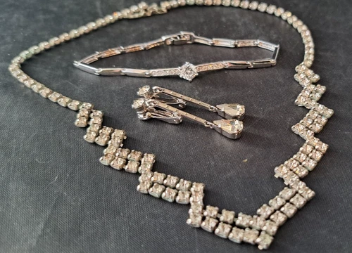 Vintage Costume Jewelry Lot Clear Rhinestone Austria Crystal Necklace Bracelet +