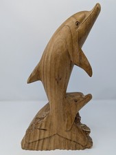 Vintage Hand Carved Dolphin Sculpture 12" Solid Wood Coastal Beach Decor