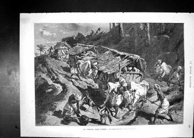 Old Print Famine India Convoy Rice Ox Drawn Carts Straw RoSacks Man Pots
