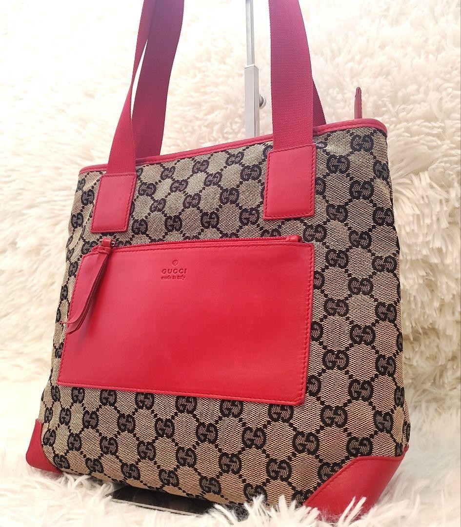 Authentic Gucci GG Canvas Red Leather Handbag Shipped From Japan