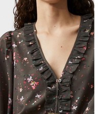 Image of French Connection Carina Crepe Ruffle Top Size S Floral Olive Green BMWT