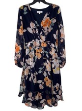 Nine West Dress Womens 8 Navy Blue Floral Faux Wrap Sheer Long Sleeve Midi Lined