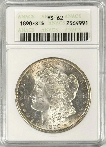 1890-S $1 MORGAN SILVER DOLLAR ANACS MS62