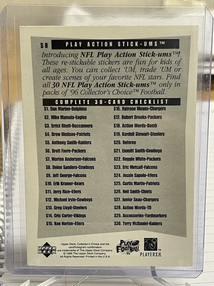 1996 Collector's Choice #S8 Deion Sanders Play Action Stick-Ums Cowboys 49ers - Image 2 of 2