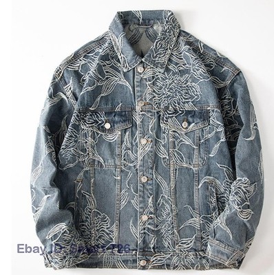 Mens Blue Black Denim Jean Jacket Casual Coat Embroidery Motorcycle Punk Hip Hop