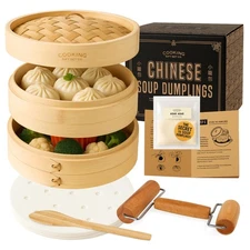 Cooking Gift Set Co. Bamboo Steamer Basket Soup Dumpling Kit - 2 Tier 8-Inch ...
