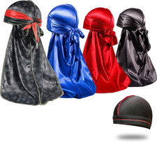 4PCS Silky Durags for Men 360 Waves, Designer Do Rag, 1 Wave Cap