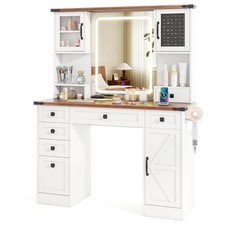 Farmhouse Vanity Desk w/ Lighted Mirror Makeup Vanity Table w/ 3 Doors