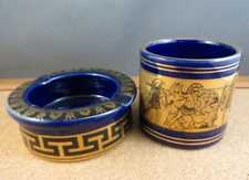 2 Piece Cobalt Blue Classic Greek Key 24k Gold Accents Cigarette Holder Ashtray